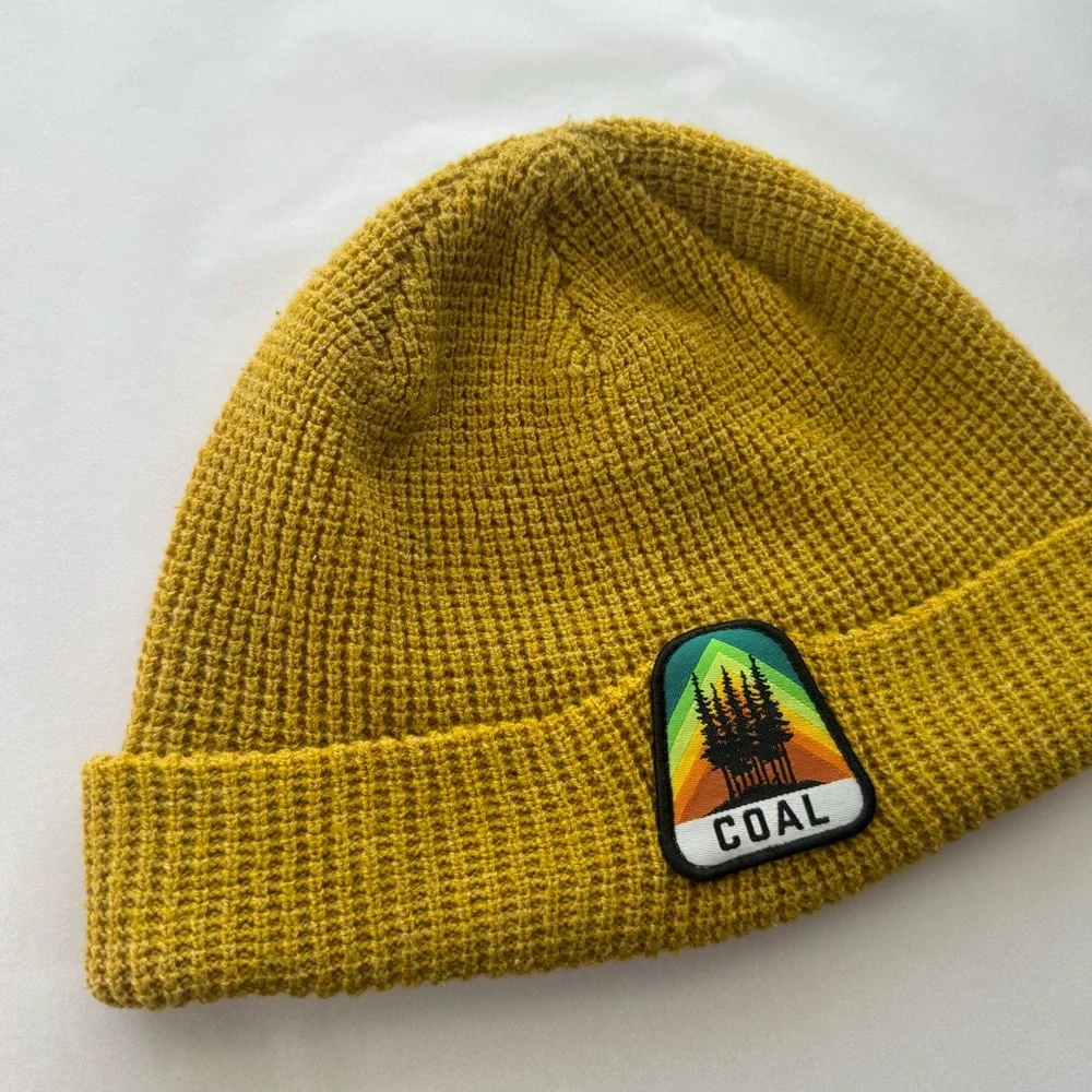Coal Mustard Yellow Waffle Knit Beanie Rainbow Trees Patch Outdoor Hiking Unisex